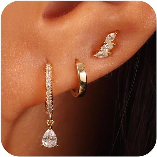 Freekiss 3 Pairs Gold Hoop Earrings Set: Dainty Stud Earrings Trendy Small 14K Gold Plated Hypoallergenic Dangle Cartilage Huggie Hoop Earrings for Women Gold Jewelry for Women Gifts