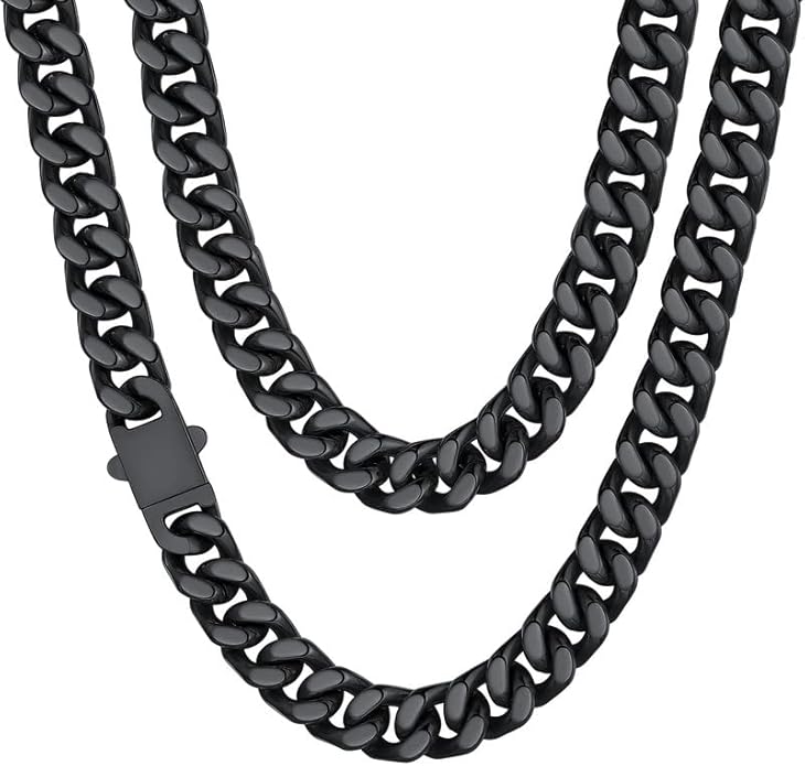 ChainsHouse Stainless Steel Mens Cuban Link Chain, Black/ 18K Gold Plated Miami Cuban Chain Necklace, 5mm/7mm/9mm/12mm/14mm Width, No Tarnish& Durable Hip Hop Mens Jewelry, 18"-30", Send Gift Box