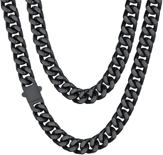 ChainsHouse Stainless Steel Mens Cuban Link Chain, Black/ 18K Gold Plated Miami Cuban Chain Necklace, 5mm/7mm/9mm/12mm/14mm Width, No Tarnish& Durable Hip Hop Mens Jewelry, 18"-30", Send Gift Box