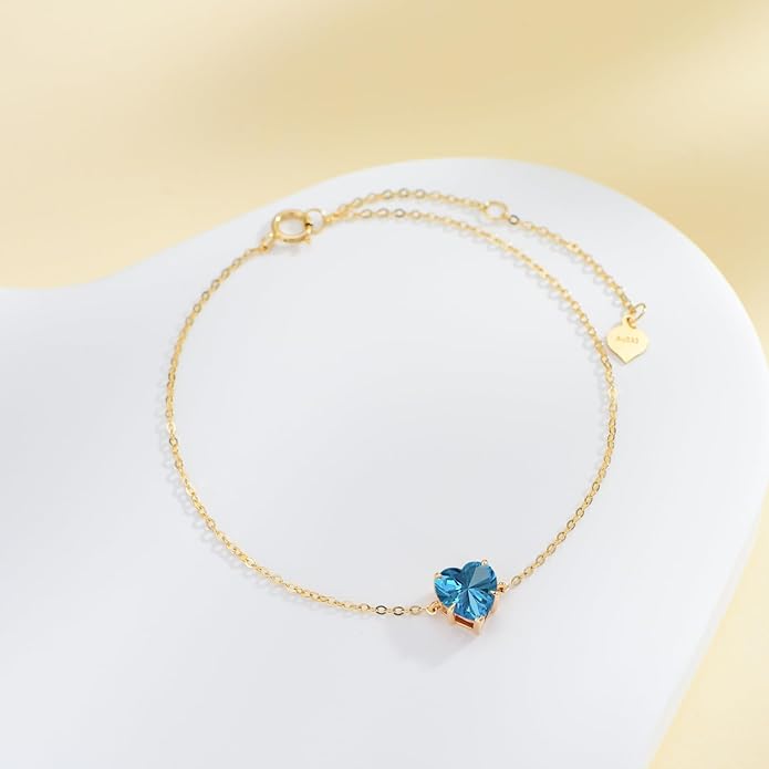 14k Gold Love Heart Gemstone Bracelet for Women,7MM Heart-cut Created Birthstone Anniversary Birthday Mother's Day Bracelets Jewelry for Mom Her 6.5''+2''