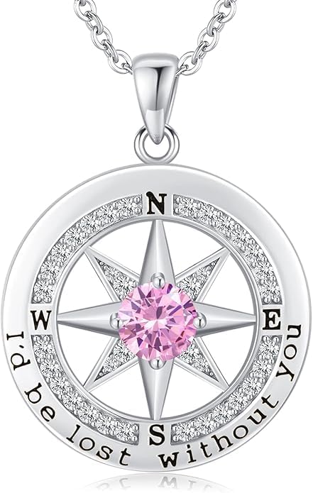 Compass Necklace for Women Wife Girlfriend Mom Daughter Gifts S925 Silver Jewelry For Anniversary Rose Gold Gifts For Birthday Christmas Mothers Valentines Day 12 Birthstones