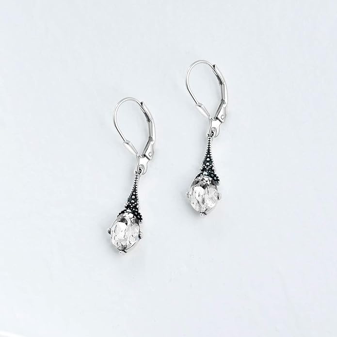 AOBOCO Vintage Earrings for Women Sterling Silver Retro Drop Dangle Leverback Earrings with 8x6mm Oval Genuine or Simulated Birthstone Crystal from Austria, Anniversary Jewelry Gifts for Her Women