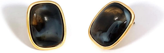 M.DUN- Round Edges Rectangle Shape Studs Earring. Abalone Amber Turquoise Resin Stone Design, 18k Real Gold Plated Bezel, Hypoallergenic Gorgeous Gift for Women