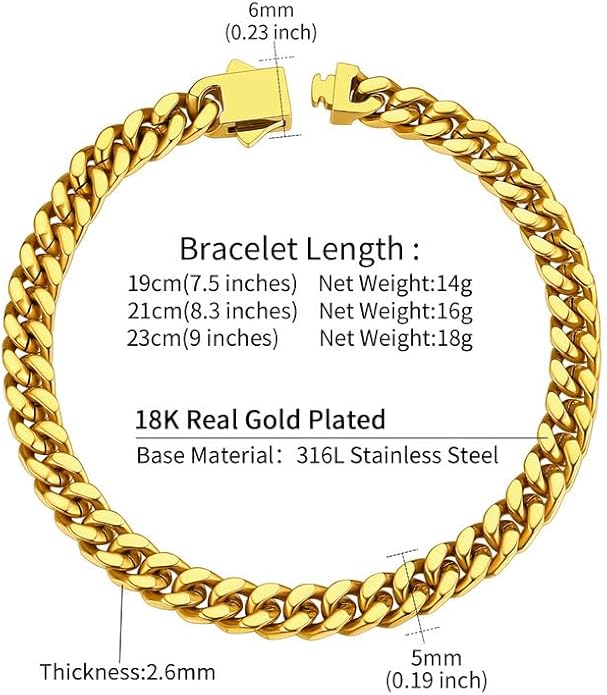 ChainsHouse Stainless Steel Cuban Link Bracelet for Men, 5mm/7mm/9mm/12mm Width, 7.5"/8.3"/9" Length, Black/18K Gold Plated Chain Wrist Bracelets for Men, with Gift Box