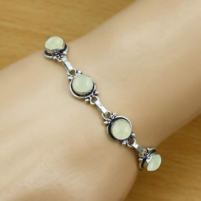 Round Shape Natural & Synthetic Gemstones Silver Plated Bracelets for Women - Vintage Bohemian Style Handmade Birthstone Adjustable Link Bracelet Jewelry Gifts for Wedding Anniversary Mother's Day