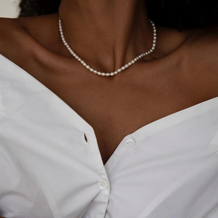 14K Gold Plated Freshwater Pearl Necklaces for Women Teens Dainty Small 4mm Adjustable Chain 16+2" Oval Rice Real Pearl Strand Necklace Pearl Accessories Jewelry Gifts
