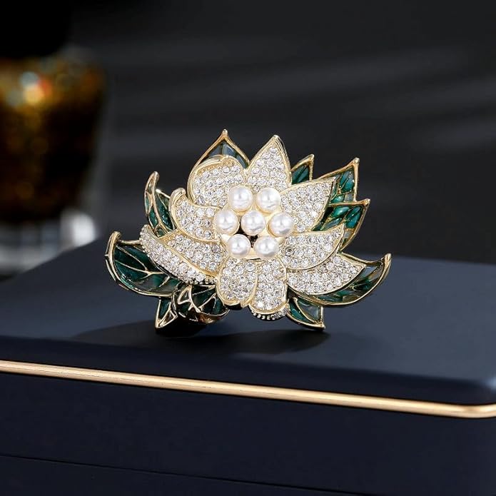 14K Gold Natural Peal Brooch with Lotus Design, High-End Elegant Vintage Chinese Style Accessory, Pearl Flower Brooch, Rhinestone/Crystal Brooches for Women