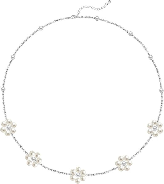 OGD Gold Pearl Necklaces Set for Women 14K Gold Plated Dainty Layered Pearl Cute Daisy Pearl Choker Gold Necklace Gifts for Women Gold Trendy Jewelry Gifts