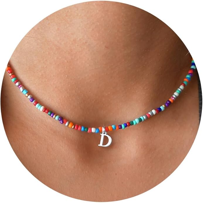 Yoosteel Colorful Beaded Initial Necklaces for Girls Gifts - Cute Choker Necklace for Kids Jewelry A-Z Initial Necklaces for Women Personalized Birthday Gifts for Teenage Girls