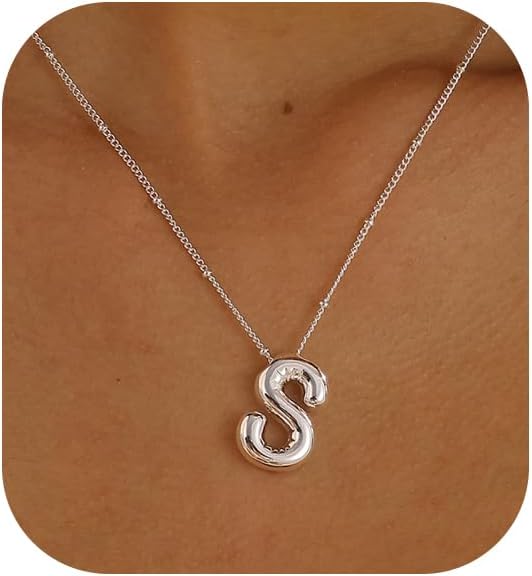 Initial Necklaces for Women, 14k Gold Plated Bubble Letter Necklace Chunky Gold Necklace Dainty Charm Initial Necklaces for Women Trendy Custom Preppy Stocking Stuff Necklace Christmas Gifts