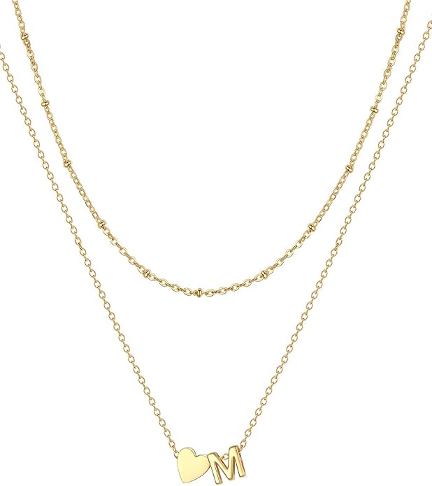 FOCALOOK Layered Initial Necklace for Women, 14K Gold Plated Choker Necklaces Stacks with Initial A-Z, Dainty Silver Heart Pendant Necklace Personalized Birthday Women Jewelry