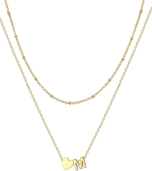 FOCALOOK Layered Initial Necklace for Women, 14K Gold Plated Choker Necklaces Stacks with Initial A-Z, Dainty Silver Heart Pendant Necklace Personalized Birthday Women Jewelry