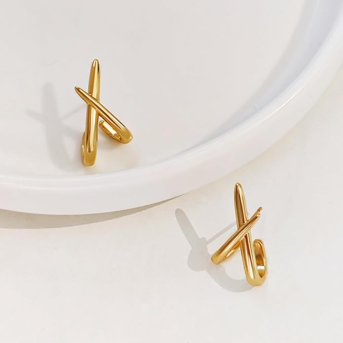 14K Gold Plated Hoop Earrings for Women Triple Huggie Illusion Stud Earring | Double Huggie Hoop Earrings for One Hole | Claw Ear Cuff Earring Jewelry Gift for Women