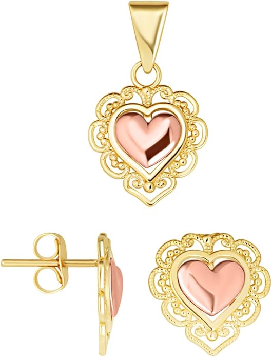 Claddagh Gold 10K or 14K Two-Tone Gold Heart Filigree Pendant Necklace Stud Earrings Set