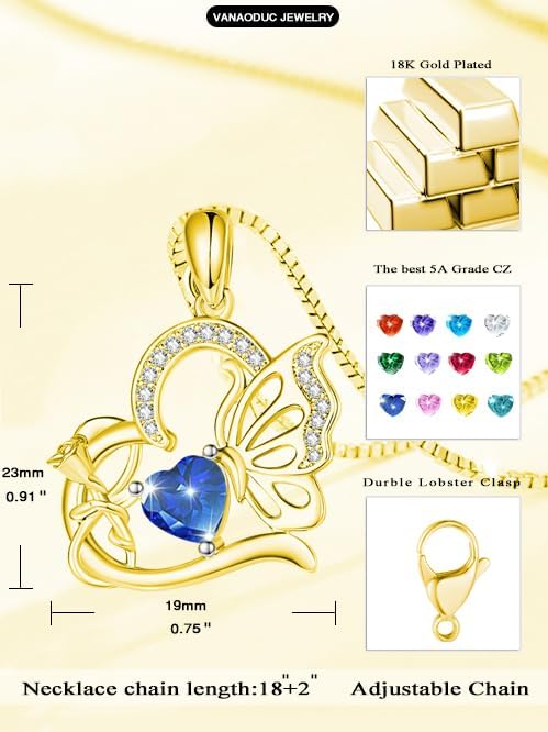 Birthstone Heart butterfly Necklace for Women, Infinity Pendant 14K Gold /18K White Gold Womens Necklaces, Jewelry Anniversary Birthday Christmas Gifts for Her Mom Wife﻿