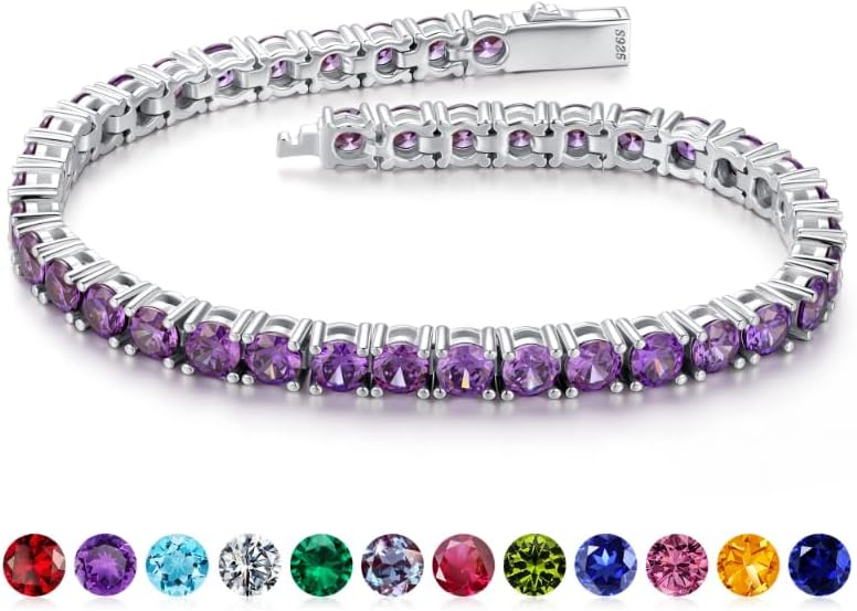 Iefil Christmas Gifts for Women - Size 6.5" - 7" Sterling Silver Tennis Birthstone Bracelet, Anniversary Birthday Gifts for Women