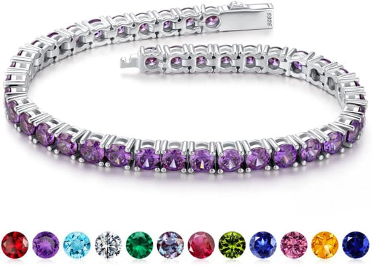 Iefil Christmas Gifts for Women - Size 6.5" - 7" Sterling Silver Tennis Birthstone Bracelet, Anniversary Birthday Gifts for Women