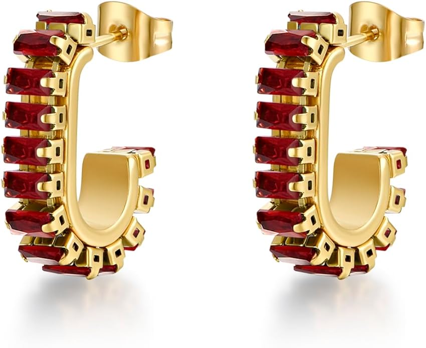 Green Crystal huggie gold hoop earrings for women Girls,14K Gold Plated with 925 Sterling Silver Post color Cubic Zirconia dainty cute Earrings| CZ Stud Earring