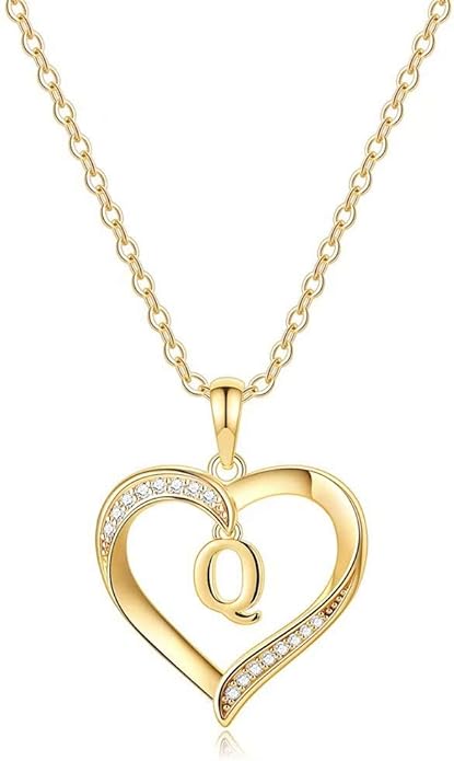 Heart Initial Necklace for Women, 14K Gold Plated Cubic Zirconia Heart Pendant Necklace, Dainty Initial Charm Necklace Letter A to Z Initial Jewelry for Women Girls