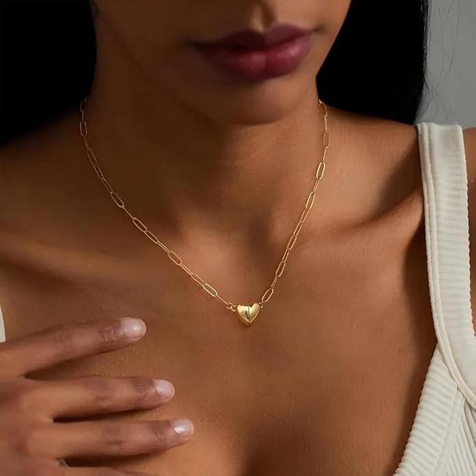Tewiky Cute Heart Necklace Tiny 14k Gold Heart Pendant Choker Necklaces Small Gold Love Open Heart Chain Necklace for Women Dainty Gold Necklace Gifts for Her