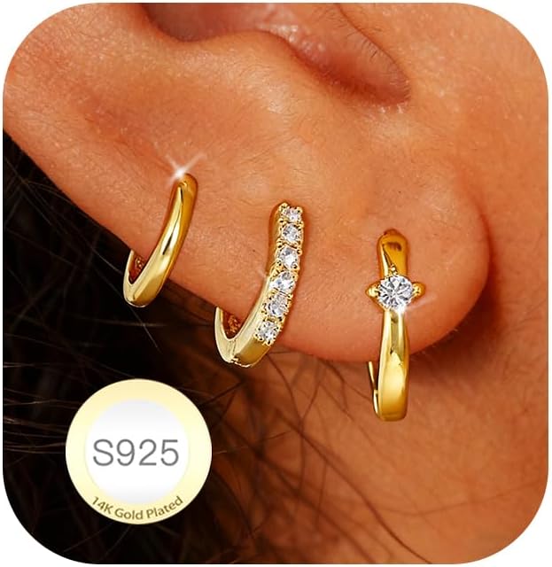 DORANA Valentines Day Gift 3 Pairs 925 Sterling Silver Earrings for Women Girls Non Tarnish Small Hypoallergenic Huggie Hoops Cartilage Stack Earring Sets for Multiple Piercing