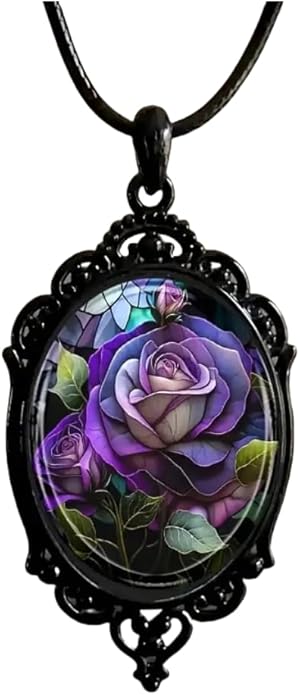 Gothic Rose Glass Necklace for Women Vintage Satan Demon Pendant Halloween Roses Necklaces Dark Punk Style Necklace Victoria Emboss Necklaces Mystic Witch Jewelry Gift Accessories
