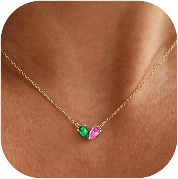 KOHOTA Gold Birthstone Necklace for Women Non Tarnish 14K Gold Plated CZ Heart Pendant Necklaces Dainty 2 Birthstones Emerald Green Charm Necklace for Mother and Daughter Birthday Jewelry Gifts