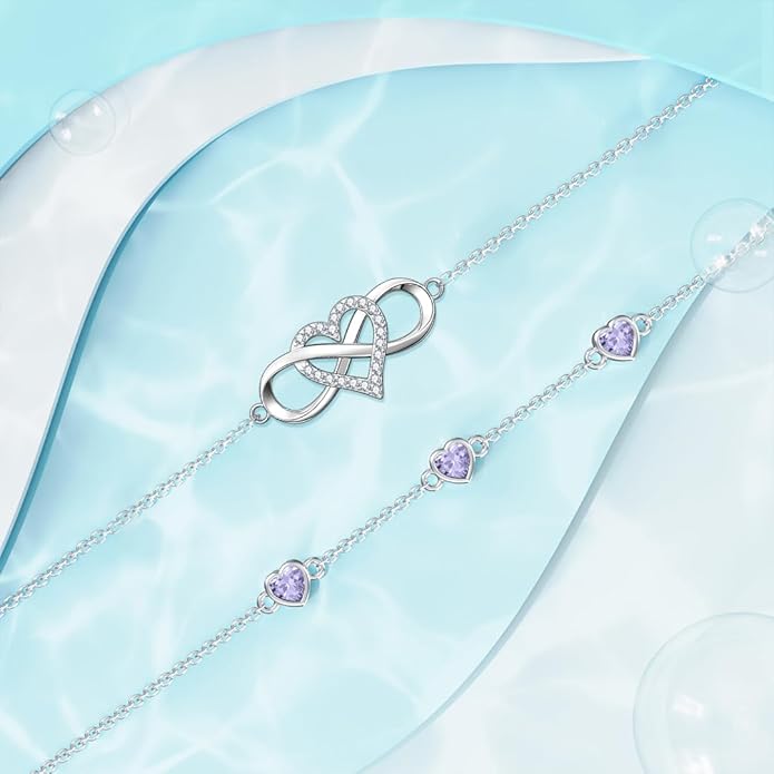 Dorunmo 925 Sterling Silver Infinity Heart Birthstone Anklet Bracelets for Women Best Mother's Day Birthday Jewelry for Wife Girlfriend Mom Her