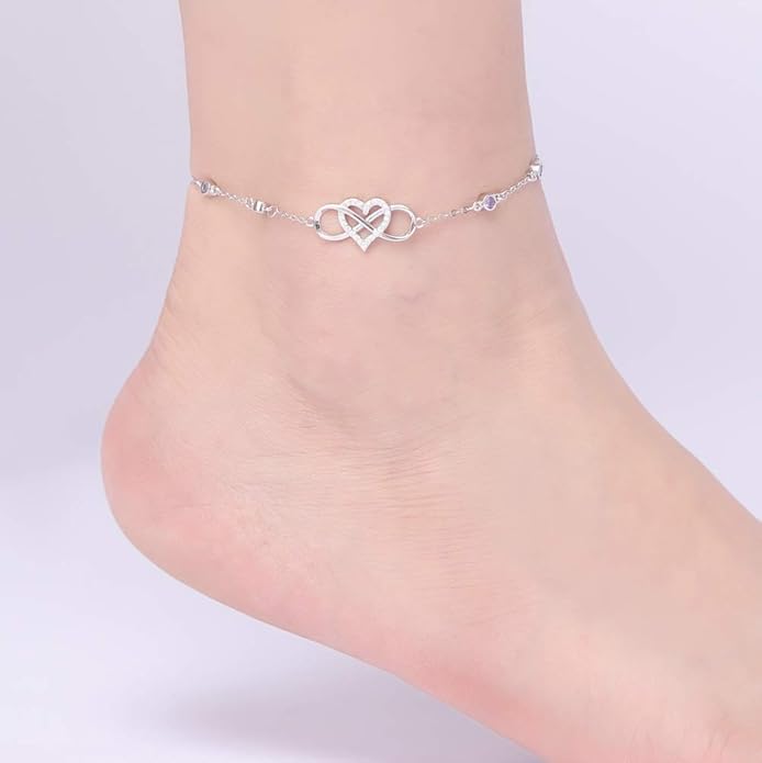 S925 Sterling Silver Ankle Bracelet for Women,Infinity Anklet with Heart Design Charm Jewelry Mother's Day Gifts for Women Mother