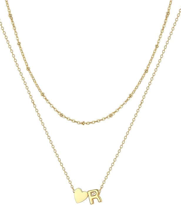 FOCALOOK Layered Initial Necklace for Women, 14K Gold Plated Choker Necklaces Stacks with Initial A-Z, Dainty Silver Heart Pendant Necklace Personalized Birthday Women Jewelry