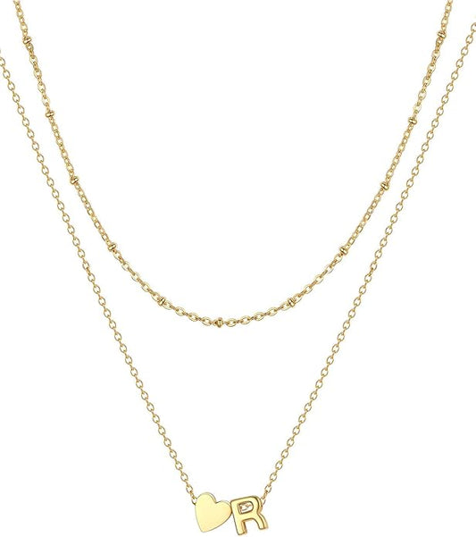 FOCALOOK Layered Initial Necklace for Women, 14K Gold Plated Choker Necklaces Stacks with Initial A-Z, Dainty Silver Heart Pendant Necklace Personalized Birthday Women Jewelry