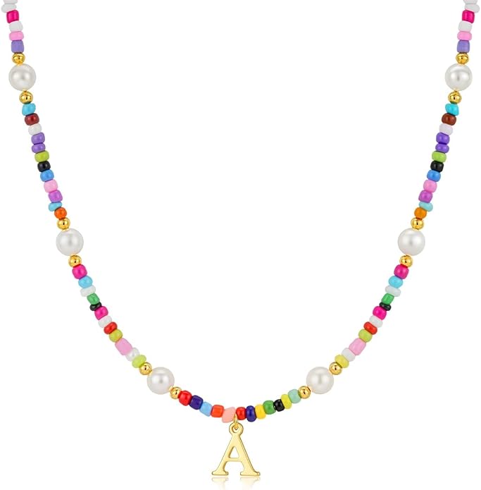 M MOOHAM Colorful Initial Necklaces for Girls Women Kids - Christmas Stocking Stuffers Beaded Pearl Choker Necklace for Women Teen Girl Gifts Trendy Personalized Letter Birthday Gifts Kids Jewelry
