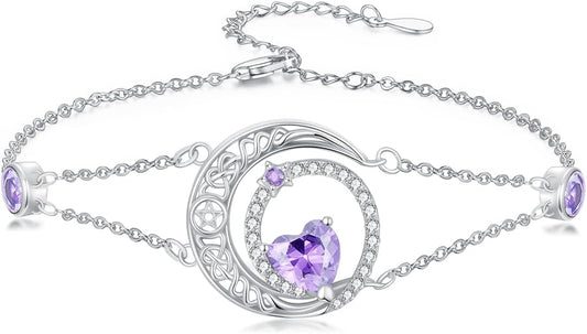 Dorunmo 925 Sterling Silver Moon Heart Birthstone Anklet Bracelets for Women Best Mother's Day Birthday Jewelry for Wife Girlfriend Mom Her