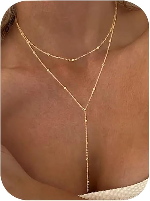 iF YOU Lariat Gold Long Necklaces for Women Trendy, Dainty 14K Gold Plated Drop Chain Necklace, Layered Rosary Beaded Y Necklaces Simple Fashion Jewelry Gifts