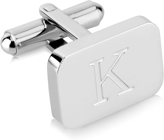 18K White-Gold Plated Initial Engraved Stainless Steel Men’s Cufflinks With Gift Box -Personalized Alphabet Letter’s A-Z By Lux & Pair