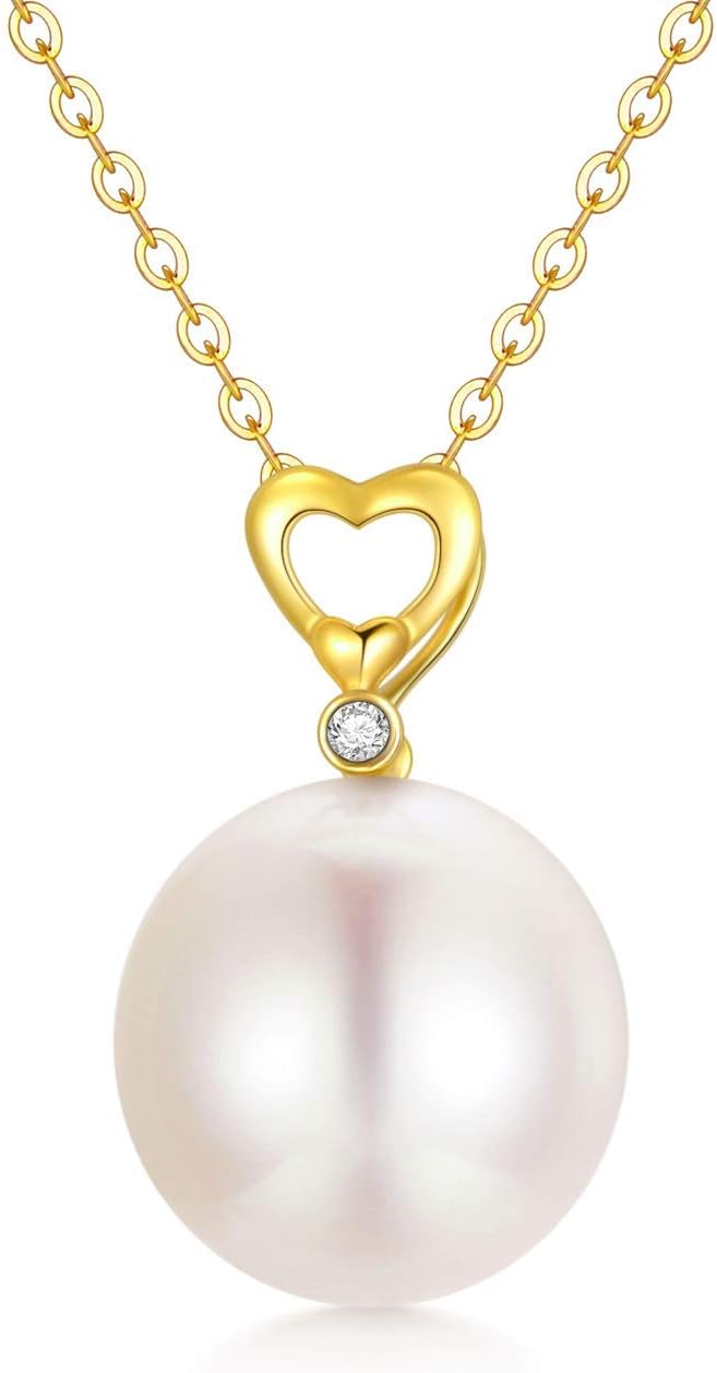 14K Solid Gold Pearl Necklace, Dainty AAA Quality Pearl Heart Pendant Valentine's Day Love Jewelry Present for Women, Wife, Mother, 16"-18"