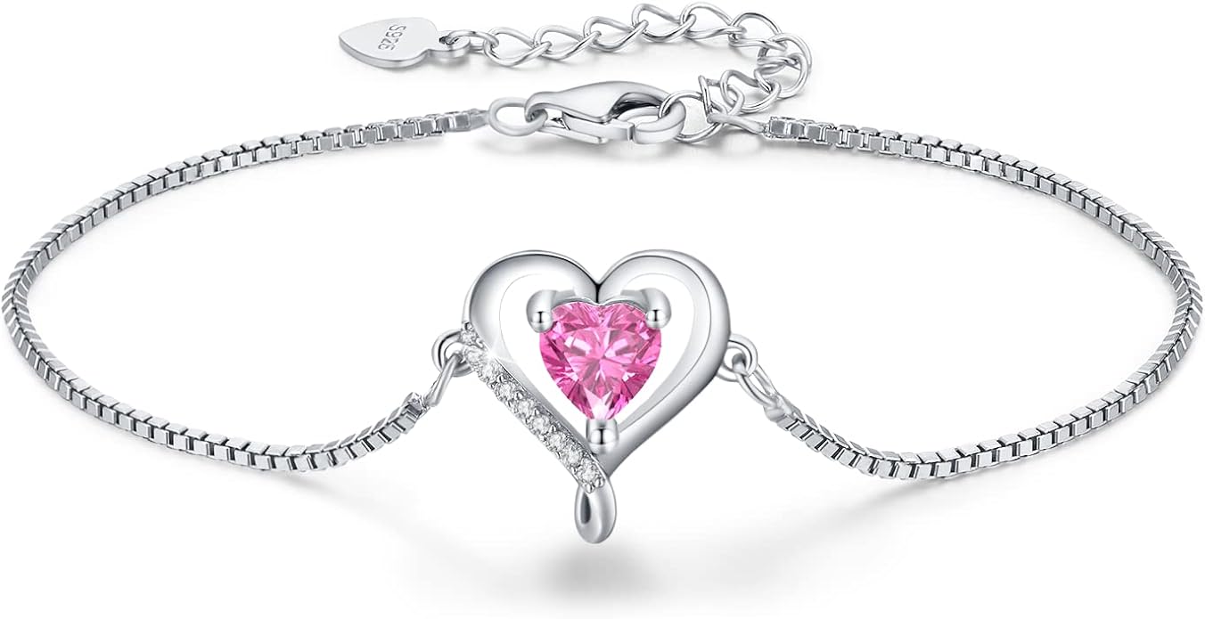 LAVUMO Love Heart Bracelets for Women 925 Silver Charm Birthstone Bracelet Adjustable Anniversary Birthday Jewelry Gifts for Women Girlfriend Wife Daughter Mom Her