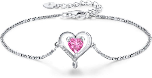 LAVUMO Love Heart Bracelets for Women 925 Silver Charm Birthstone Bracelet Adjustable Anniversary Birthday Jewelry Gifts for Women Girlfriend Wife Daughter Mom Her