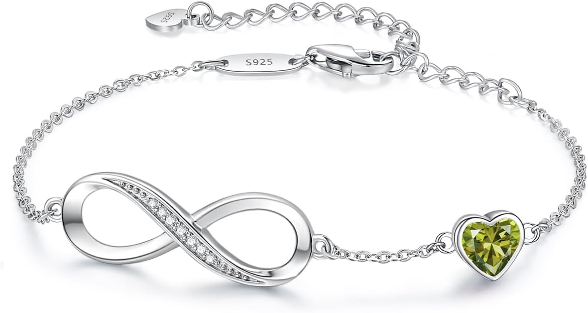 CDE Infinity Heart Birthstone Charm Link Bracelet for Women 925 Sterling Silver Adjustable Mother's Day Gift Anniversary Birthday Jewelry for Wife Girlfriend Her