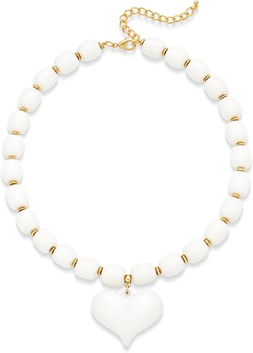 YUJIE Chunky Heart Penadnt Necklace for Women- Exaggerated Statement Puff Heart Necklace with Acrylic Beaded Chain