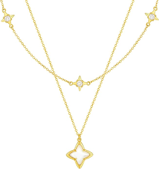 Cicy Bell Womens Four Point Star Necklace Sets Double Layer Chain 18k Gold Plated Cubic Zirconia Mother of Pearl Lucky Pendant Necklace