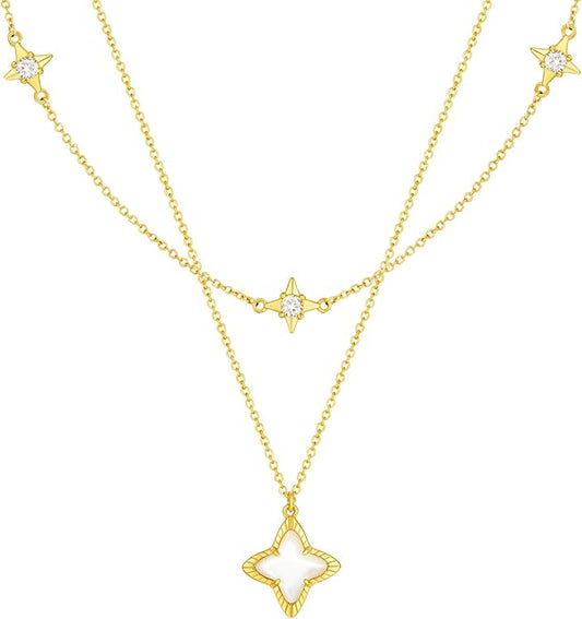 Cicy Bell Womens Four Point Star Necklace Sets Double Layer Chain 18k Gold Plated Cubic Zirconia Mother of Pearl Lucky Pendant Necklace