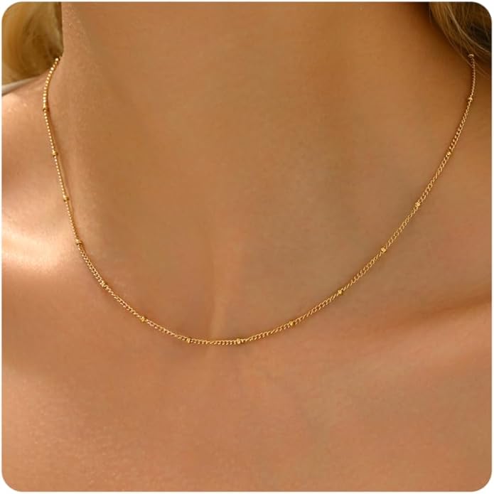 Gold Chain Necklace for Women Dainty 18K Gold Plated Thin Satellite Beaded Turquoise Necklace Simple Gold Boho Jewelry