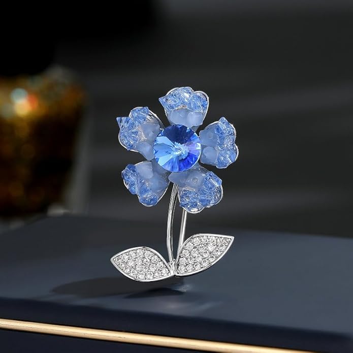 14K Gold Purple/Blue/White Flower Brooch for Women, Small Suit Outerwear Decoration, Crystal Gemstone Brooch for Her