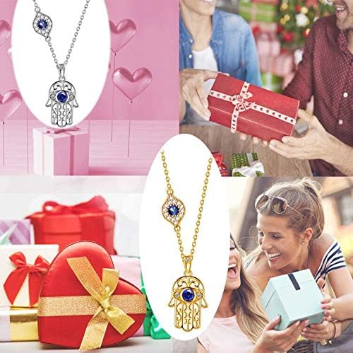 Evil Eye Necklace Evil Eye Hamsa Hand of Fatima Necklace 925 Sterling Silver Fine Jewelry Gifts for Womens White Blue CZ Third Eye Stud Earrings Turkish Eye Ring Hamsa Hand Jewelry Set Gifts Valentine Day Chrismtas Gifts