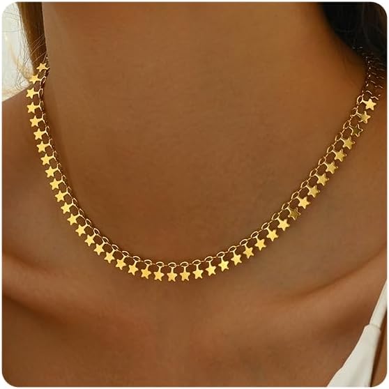 Gold Chain Necklace for Women 18K Gold Plated Stainless Steel Necklace Dainty Star Cross Heart Choker Chains Simple Delicate Minimalist Trendy Jewelry