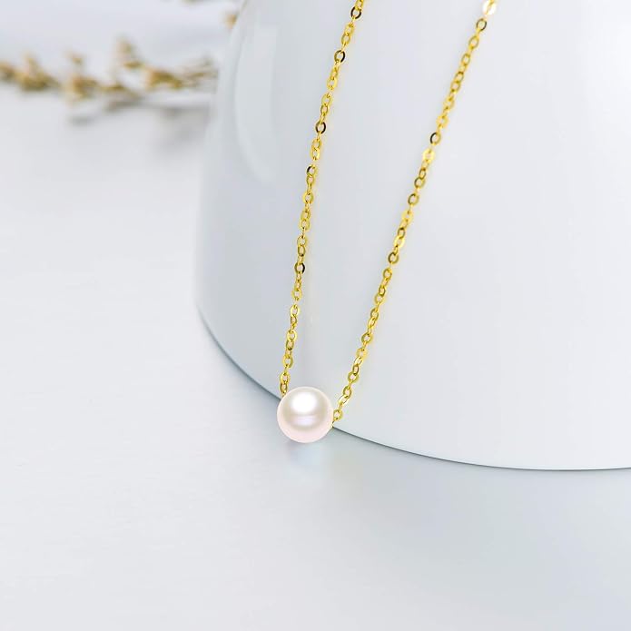 14K Solid Gold Pearl Necklace for Women, Real Freshwater Cultured Pearl Pendant Necklace 7.5mm Dainty Single Sliding Pearl Design Adjustable Necklaces Fine Jewelry Gift for Her, Mom, Wife 16"-18"