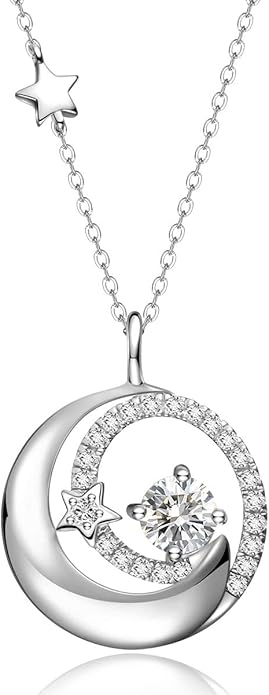 FANCIME Birthstone Necklaces 925 Sterling Silver Moon and Star Pendant Fine Jewelry Birthday Christmas Gifts for Mom Wife Her Daughter, Adjustable Chain 16+2"