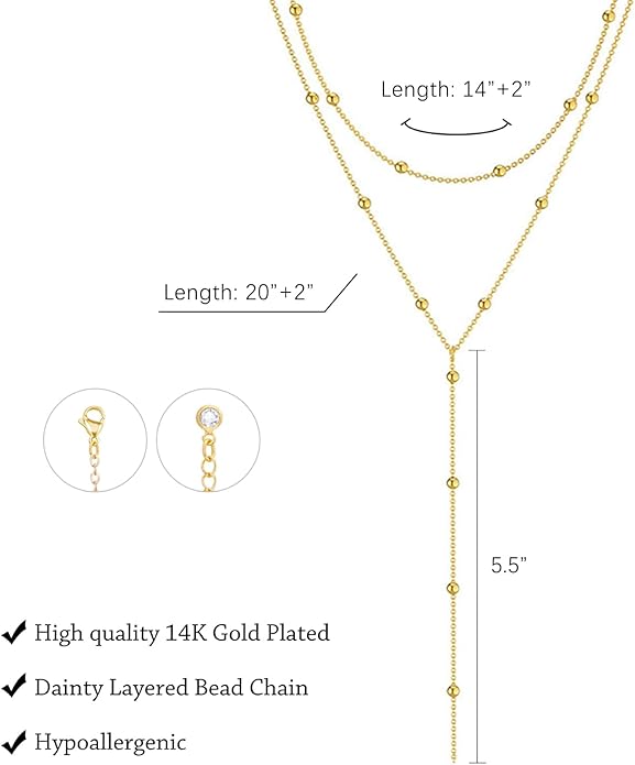 Gold Necklace for Women Trendy Lariat Y Necklace Dainty 14k Gold Plated/Silver Long Necklaces for Women Layered Beaded Drop Necklaces Simple Y-Shaped Chain Jewelry Gifts