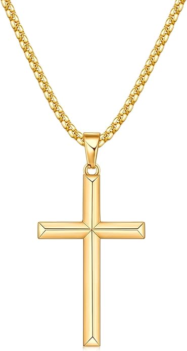 Fiusem Beveled Edge Cross Necklace for Men, Silver Tone/Black/14K Gold Plated Mens Cross Necklace, 2.5MM Stainless Steel Box Chain with Pendant